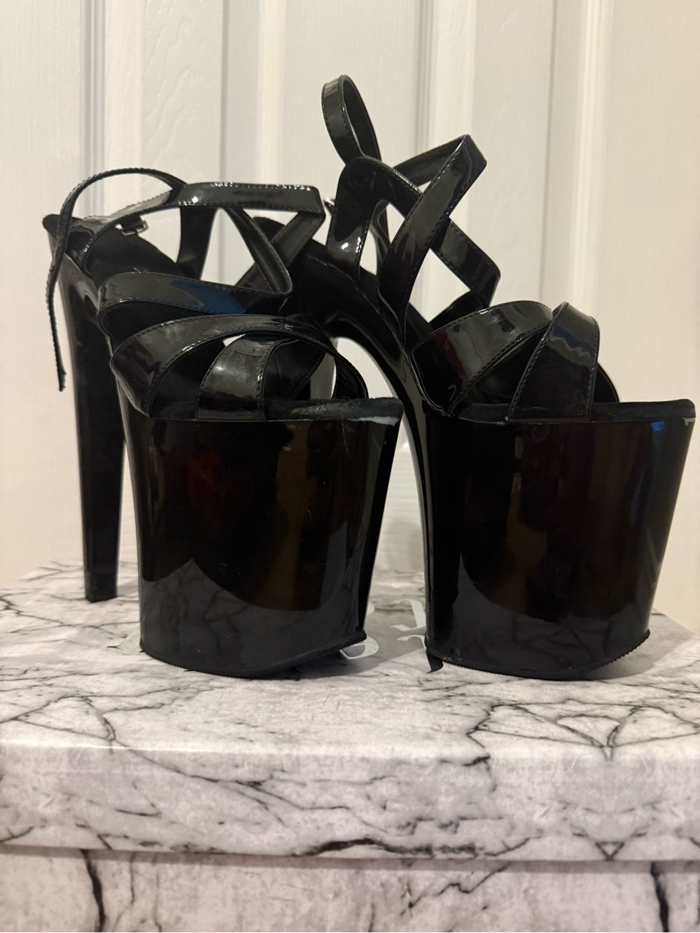 PLEASER Black Patent Platform Strappy High-Heel Sandals
